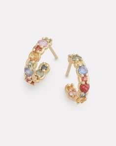 18K Yellow Gold Multicolor Sapphire Hoop, 1.98 TCW1/2 Inch Diameter Style# YEMS32H Pastel Earrings, Earrings Sapphire, Multicolor Jewelry, What A Girl Wants, Jeweled Earrings, Earrings Hoops, Gold Hoops, Ring Necklace, Perfect Pair