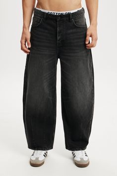 Barrel JeanCotton On Men - Baggy Balloon Jean - Revolve BlackCotton On | Men | DenimCotton On | Men | DenimCotton On | Men | Denim Cargo Pants Baggy, Casual Denim Skirt, Casual Denim Shirt, Guys Fits, Barrel Jeans, All Jeans, Clothing Jeans, Leather Denim, Shorts With Tights