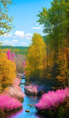 a painting of a river surrounded by colorful trees and flowers in the fall or winter