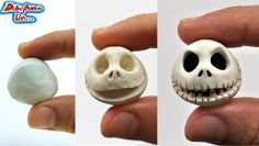 there are two pictures of the same skull and one has a smile on it's face