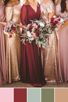 the bridesmaids are dressed in gold and burgundy