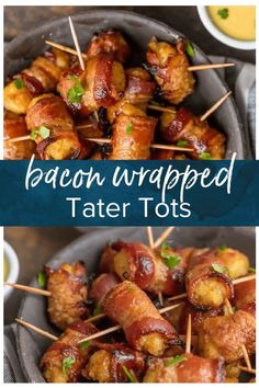 bacon wrapped tater tots on skewers with dipping sauce in the background