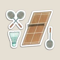 an image of tennis related stickers on a white background, including rackets and shuttles