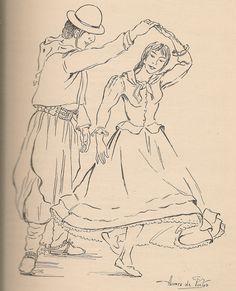 an old drawing of two people dancing