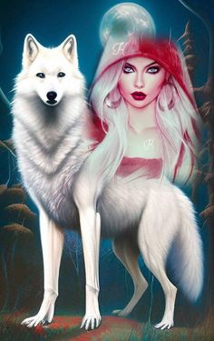 a painting of a woman with long white hair standing next to a wolf in the woods