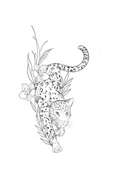 a black and white drawing of a leopard with flowers on it's back legs