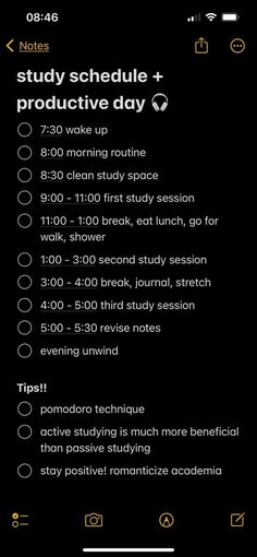 an iphone screen with the text study schedule and produtive day written on it