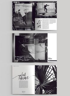 an open book with black and white images on the front, back and side pages