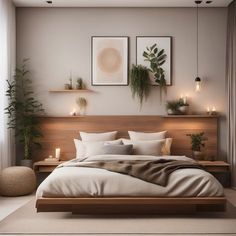 a large bed sitting in a bedroom next to two planters on either side of the bed