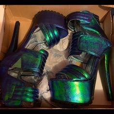 Neon Blue Heels Brand New(Never Worn) Iridescent Heels, Holographic Shoes, Holographic Heels, Cute Shoes Heels, Blue Heels, Fashion Aesthetics, Taylor Swift Style, Neon Blue, Rave Outfits