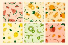 four different patterns with fruits and vegetables on them