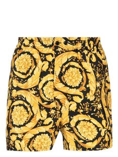 black/gold-tone silk signature Barocco print elasticated waistband front button fastening Versace Shorts, Pajama Outfits, Yellow Silk, Shorts Casual, Silk Shorts, Print Pajamas, Signature Print, Designer Shorts, Pajama Shorts