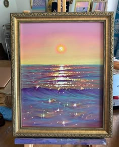 an oil painting of the sun setting over the ocean with stars in the sky and water