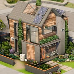 an image of a house with solar panels on the roof and plants growing out of it