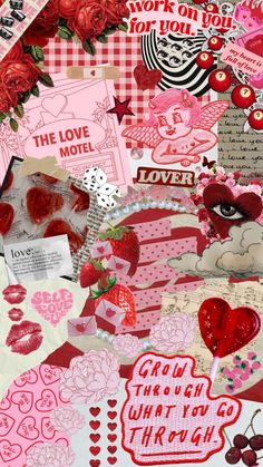 the collage has hearts, flowers and other things on it with words that say love