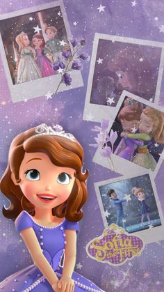 the princess and her friends are posing for pictures in front of purple background with stars