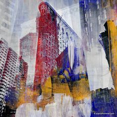 an abstract painting of city buildings with blue, yellow and red paint on the walls