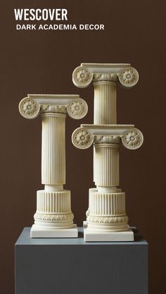 three white pillars with carvings on them in front of a brown background and the words, westcover dark academy decor