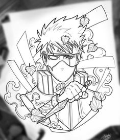 a drawing of an anime character holding a knife and looking at something in the distance