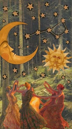 two women are dancing in the woods with stars and moon above them, while one woman is