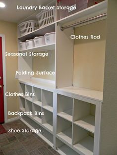 the inside of a storage room with lots of shelves and bins on each shelf