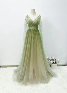 A-line Green Gradient Puffy Sleeves Tulle Long Party Dress Outfits For Girls Earth Green Dress, Vintage Green Dresses, Green A-line Gown For Spring, Green A-line Wedding Dress, Spring Banquet A-line Gown, Green A-line Prom Evening Dress, Green A-line Evening Dress, Green A-line Evening Dress For Prom, Green Tulle Evening Dress For Formal Occasions