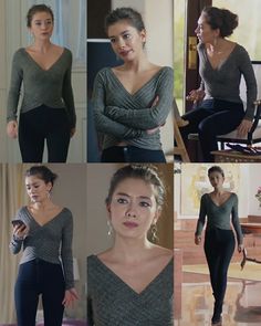 the woman is wearing black pants and a gray top in four different pictures, including one with her hand on her hip