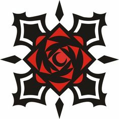 a black and red rose on a white background with an ornate design in the middle