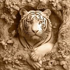 a black and white photo of a tiger in a tree with its paw on the ground