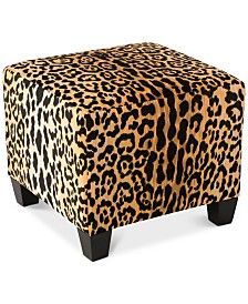 an animal print footstool with black legs and a leopard print pattern on it