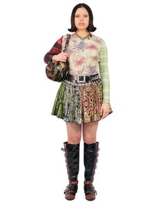 Floral tapestries in greens, blues and golds are stitched together and held up by a chunky chain laced belt for a skirt that says: the world is yours. Take it. Boots Chic, Chopova Lowena, Quirky Fashion, Stitched Together, Floral Tapestry, End Of Season Sale, Hold Ups, Leather Chain, Black Leather Boots