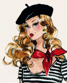 a drawing of a woman with blonde hair wearing a sailor's hat and striped shirt