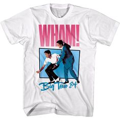 "WHAM Men's T-Shirt by American Classics Wham! were an English pop duo consisting of George Michael and Andrew Ridgeley, formed in London in 1980. They became one of the most commercially successful pop acts of the 80's in the UK, US and worldwide. Their music was influenced by the culture of the time and after their break-up George Michael become one of the bestselling pop solo acts. The very 80's deco styles marked Wham! out from the crowd and this bold graphic tee will make you stand out too. Wham T Shirt, English Music, Andrew Ridgeley, George Michael, Tour T Shirts, White Shirts, Perfect Shirt, Branded T Shirts, Printed Shirts