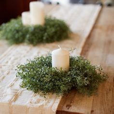 three candles are sitting on a table with some greenery around the edges and one candle is lit