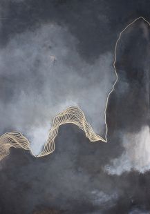 an abstract painting with wavy lines in the sky