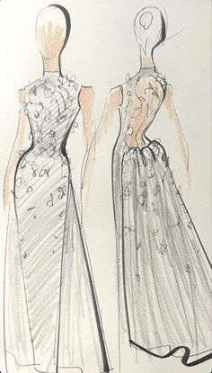 a drawing of two dresses on mannequins