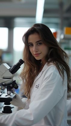 a woman in white lab coat looking through a microscope