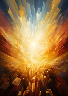 an abstract painting of the sun rising over a cityscape in yellow, orange and blue