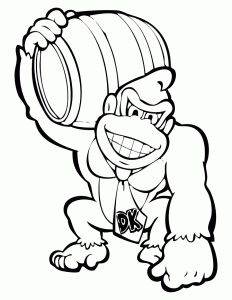 a cartoon gorilla with a barrel in his hand and wearing a hat on its head