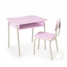 a pink desk and chair are shown against a white background