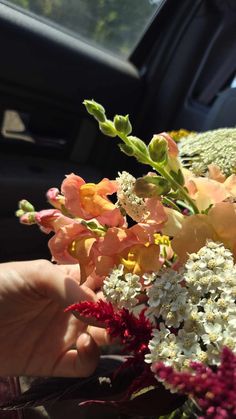 someone is holding flowers in their car