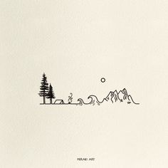 an ink drawing of mountains and trees