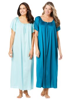 Experience ultimate comfort with our silky smooth nightgowns, crafted from cling-free fabric for a restful sleep each night.Features a charming shirred scoop neck adorned with a dainty rosette, adding a touch of femininity to your nighttime wardrobe.Flutter sleeves create a graceful and relaxed silhouette, ensuring you feel beautiful and unrestrained.Long length design provides full coverage, perfect for all seasons and added comfort.Comes in a convenient set of two, offering lasting value and v Plus Size Nightgowns, Swimsuits For All, Sleepwear & Loungewear, Nightgowns, Deep Teal, Free Fabric, Flutter Sleeves, How To Feel Beautiful, Long Length