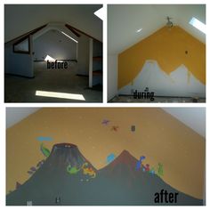 before and after pictures of a bedroom with mountain mural on the wall, then painted in yellow