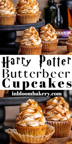 harry potter butterbeeer cupcakes with frosting on top and in the background