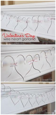 valentine's day wire heart garland hanging on a window sill with the words, valentine