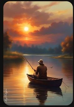 a painting of a man in a boat fishing at sunset