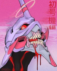 an image of a mask with teeth and blood dripping from it's mouth in front of a pink background