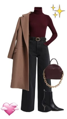 Winter Outfits Jeans Boots, Office Stylish Outfit, Winter Coats Outfits Women, Womens Burgundy Outfits, Outfit Ideas Winter Office, Burgandy Turtle Neck Outfits, 30s Winter Outfits, Sleek Chic Style Outfit, Winter Boot Work Outfits