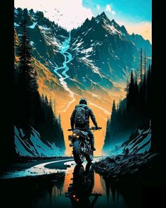 a man riding on the back of a motorcycle down a river under a mountain covered in snow